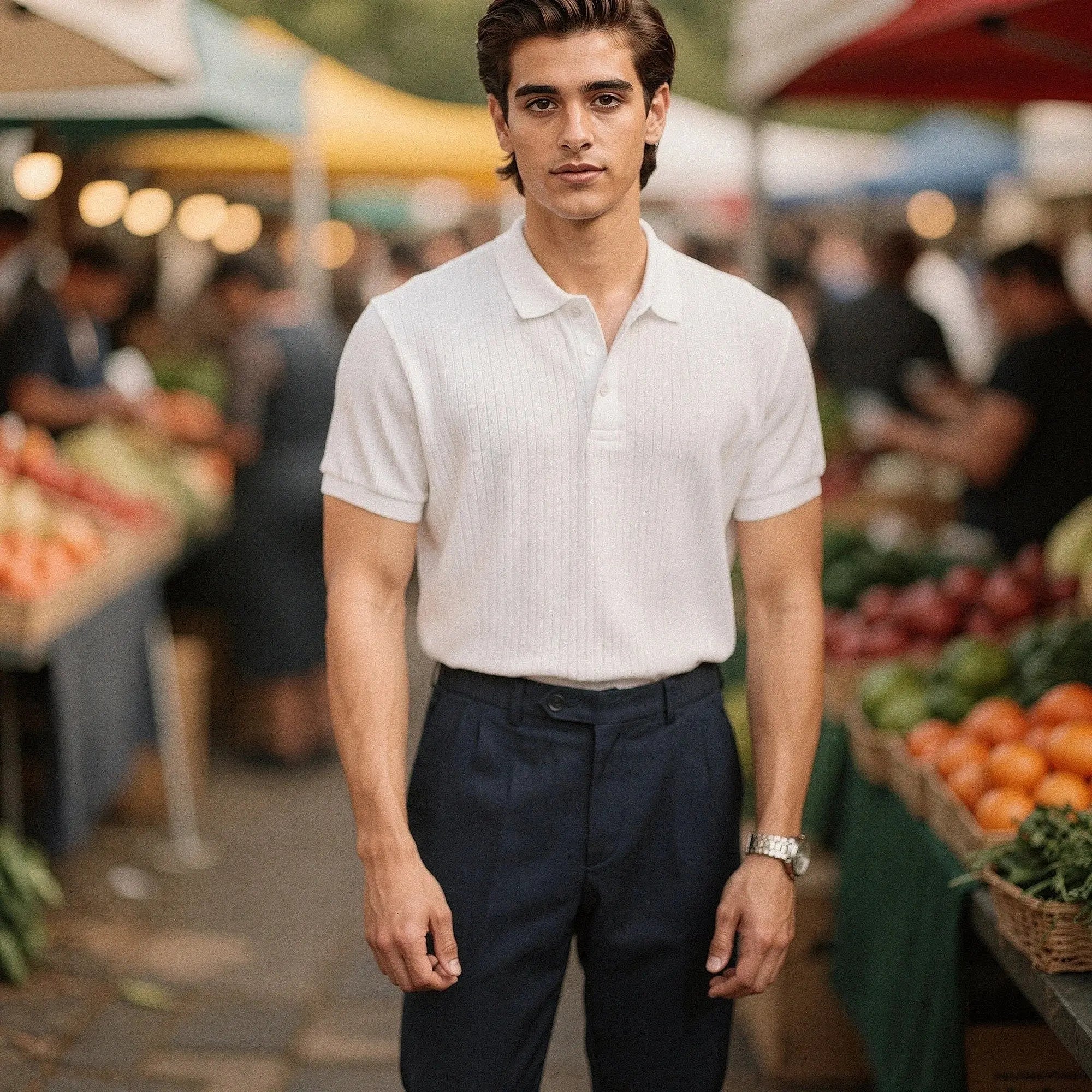Light blue slim fit short sleeve polo t shirt made of breathable cotton, view showcasing collar and stitching