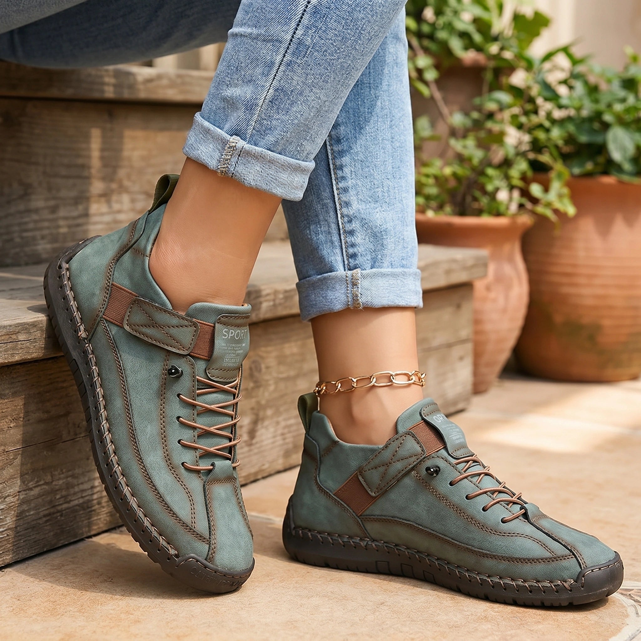 Close up view of the orthopedic sneakers showing the intricate stitching and breathable fabric in a soft pastel color against a neutral background.