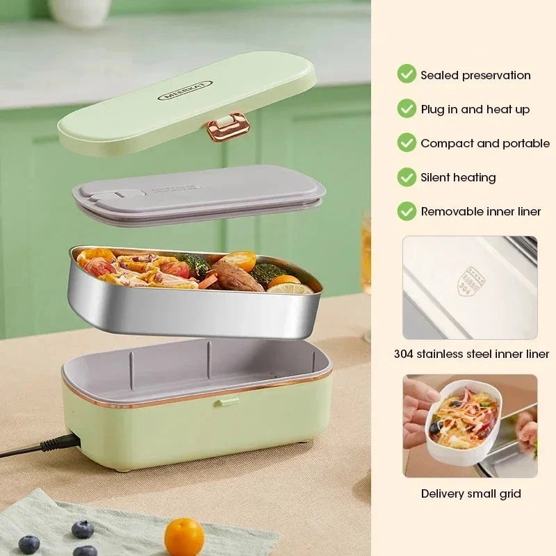 View of a compact insulated electric lunch box food warmer in sleek black, featuring a sturdy handle and ventilation openings