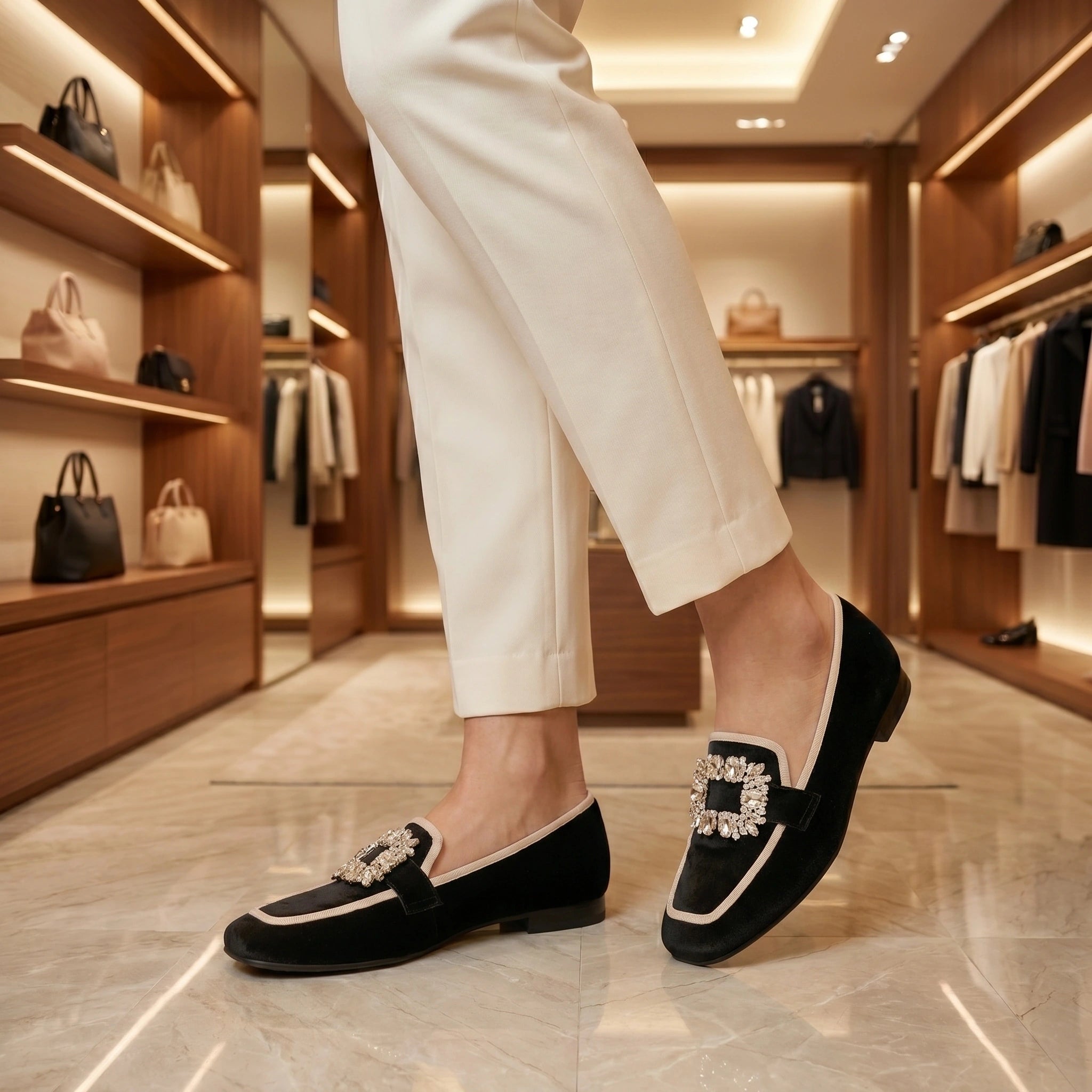 Close up view showing the luxurious fabric and intricate stitching of the Womens Supportive Orthopedic Loafers in a sophisticated neutral tone.