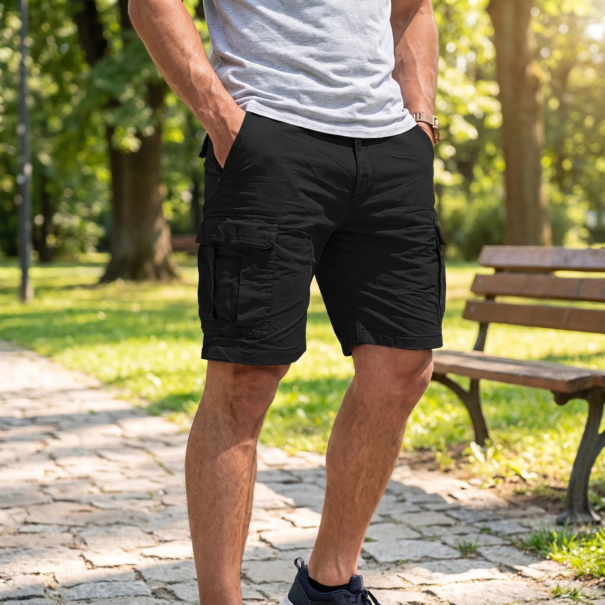 Close up view showing the durable fabric and precise stitching of men's structured functional summer cargo shorts in a versatile neutral color, showing their practical design.