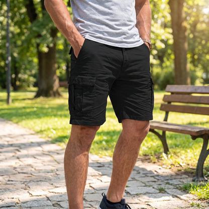 Close up view showing the durable fabric and precise stitching of men's structured functional summer cargo shorts in a versatile neutral color, showing their practical design.