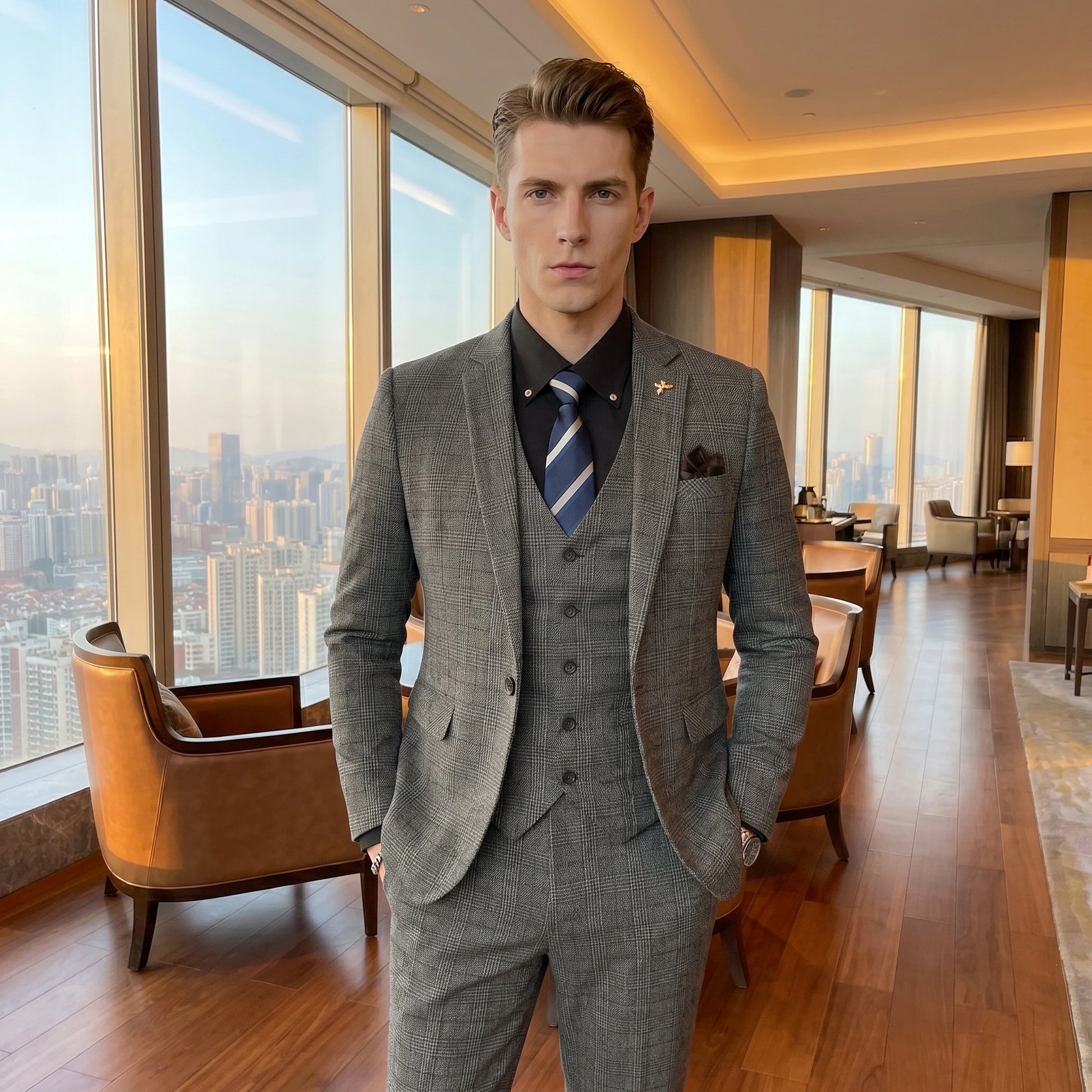 Close up of the modified plaid fabric showing high quality stitching and texture of the three piece suit set in a sophisticated color palette.