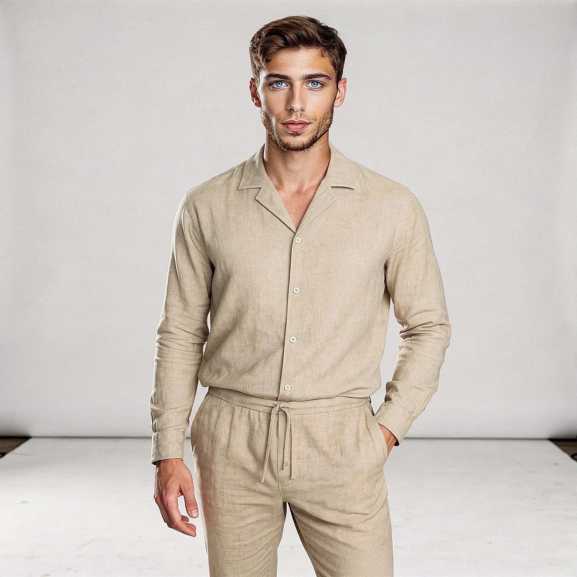 Lightweight linen shirt in light blue with a relaxed fit and concealed button placket, view