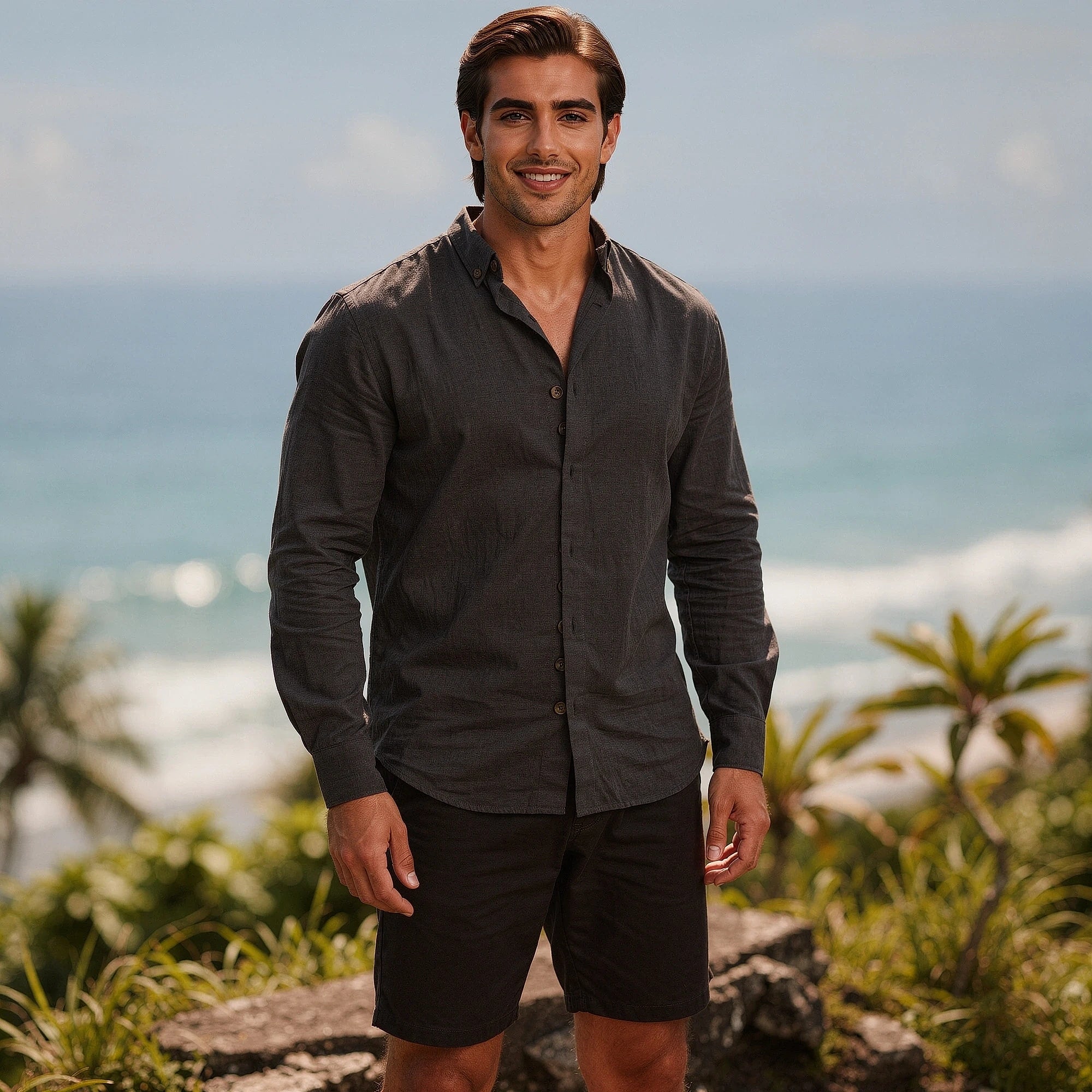 View of a lightweight cotton linen beach shirt in light blue, featuring a slim fit and stand collar