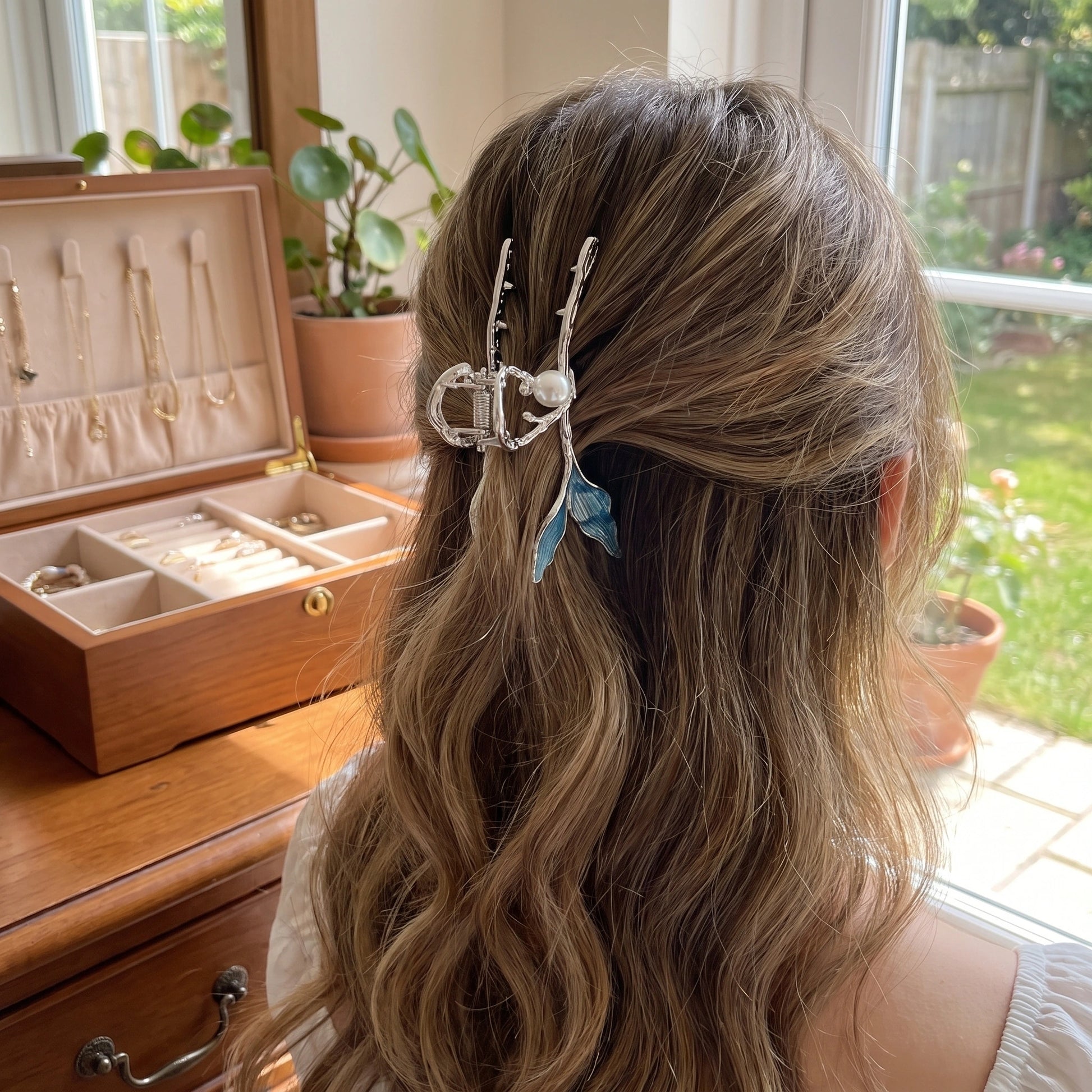 Back view of the Womens Playful Unique Hair Clip showing its intricate design and construction details against a soft, neutral background.