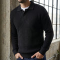 A model showcases the Mens Sophisticated Knit Polo Sweater in a rich navy color, styled with tailored trousers against a neutral background.