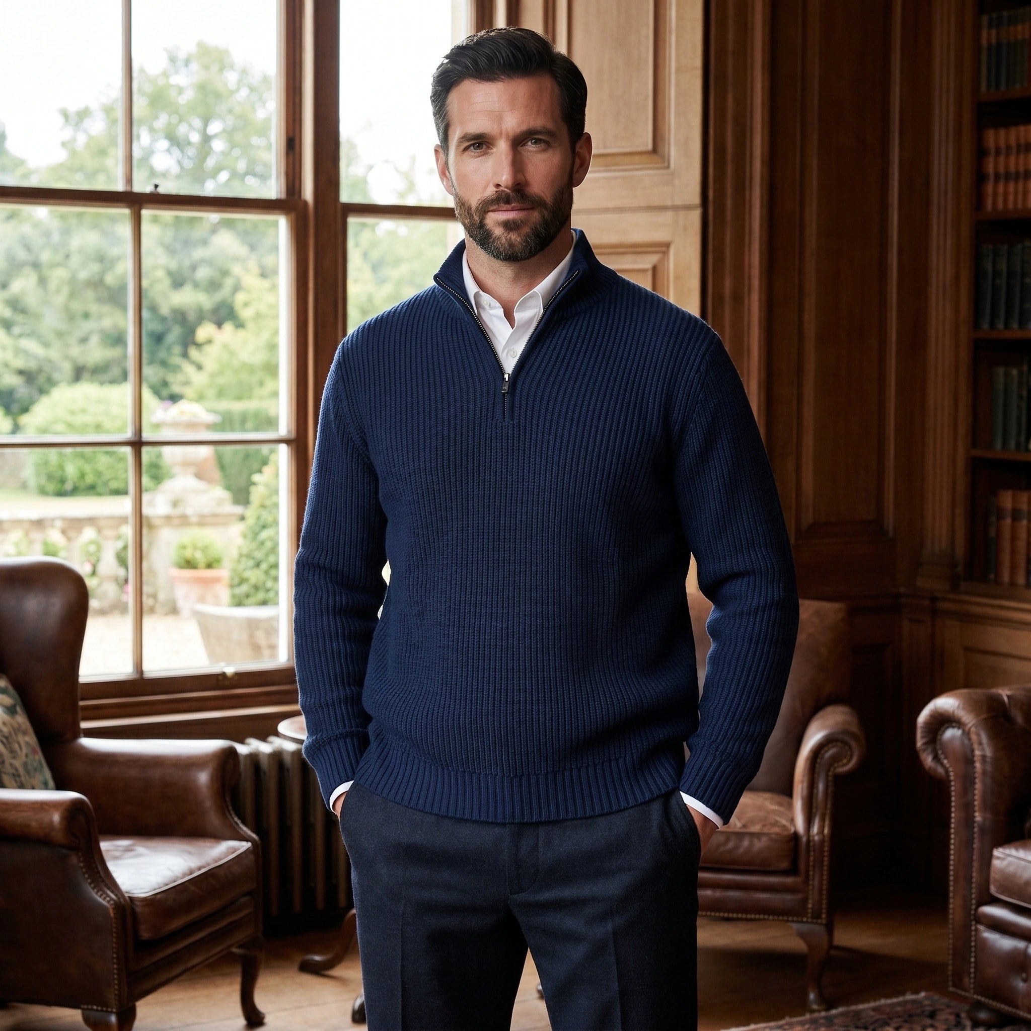 Close up view of the Mens Refined Quarter Zip Sweater showing its fine fabric texture and meticulous stitching details against a neutral background.