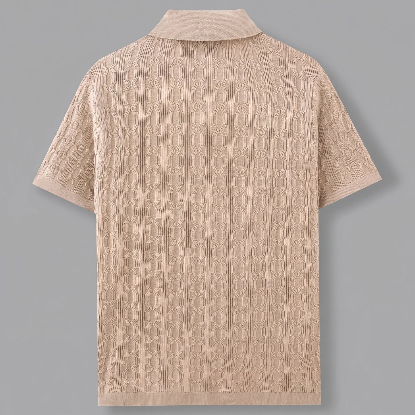 Close up of the men's textured lightweight casual shirt showing the intricate fabric weave and precise stitching against a neutral background.