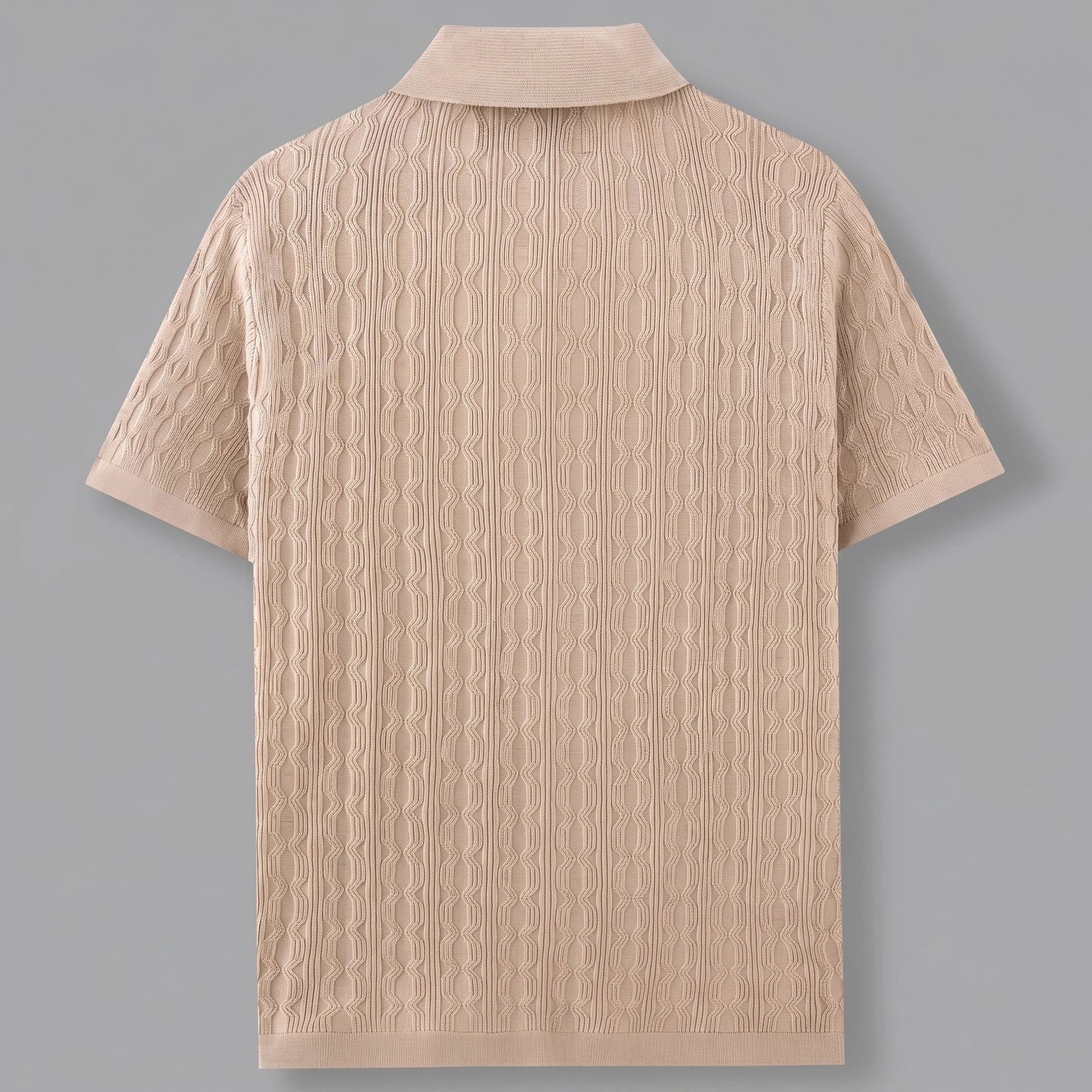 Close up of the men's textured lightweight casual shirt showing the intricate fabric weave and precise stitching against a neutral background.