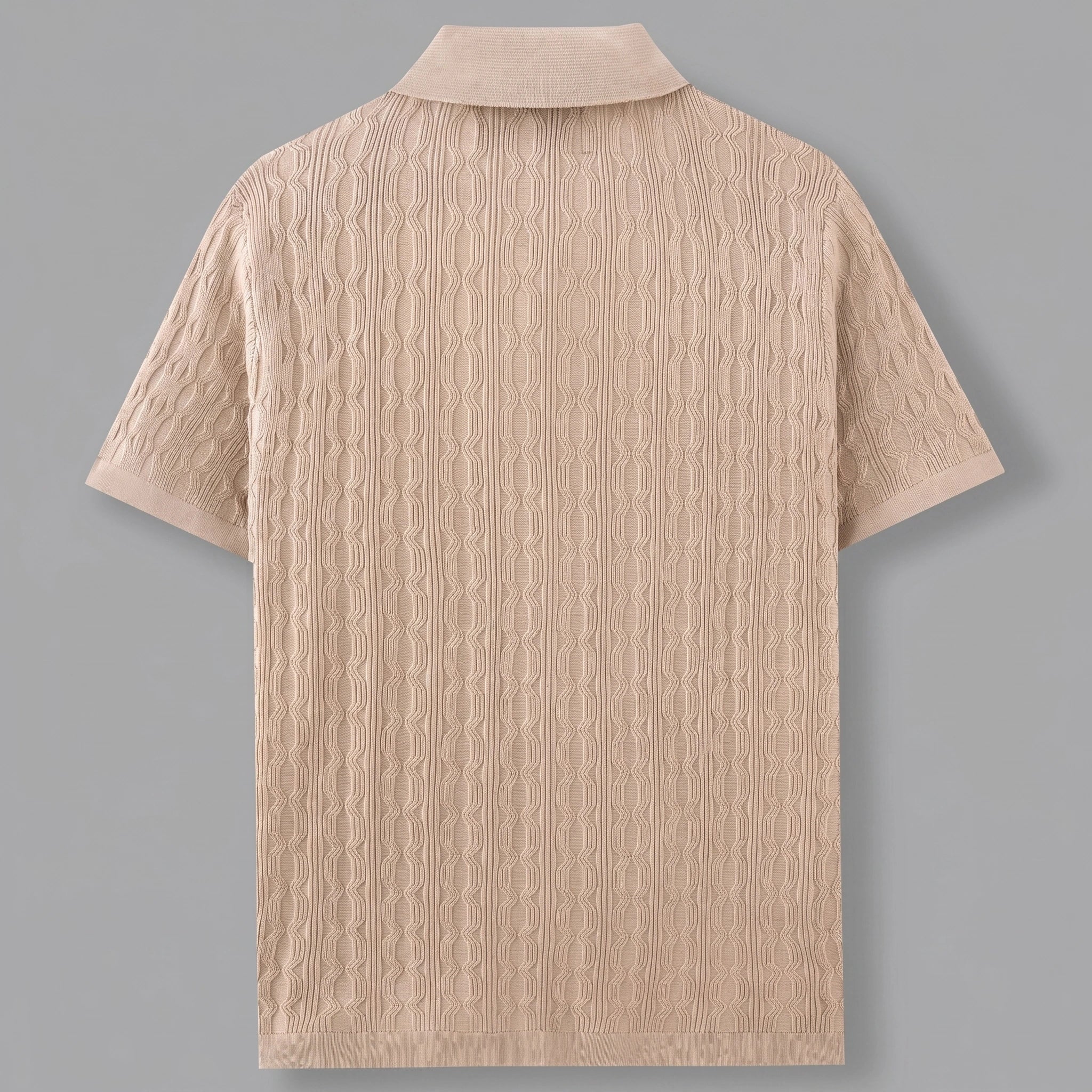 Close up of the men's textured lightweight casual shirt showing the intricate fabric weave and precise stitching against a neutral background.