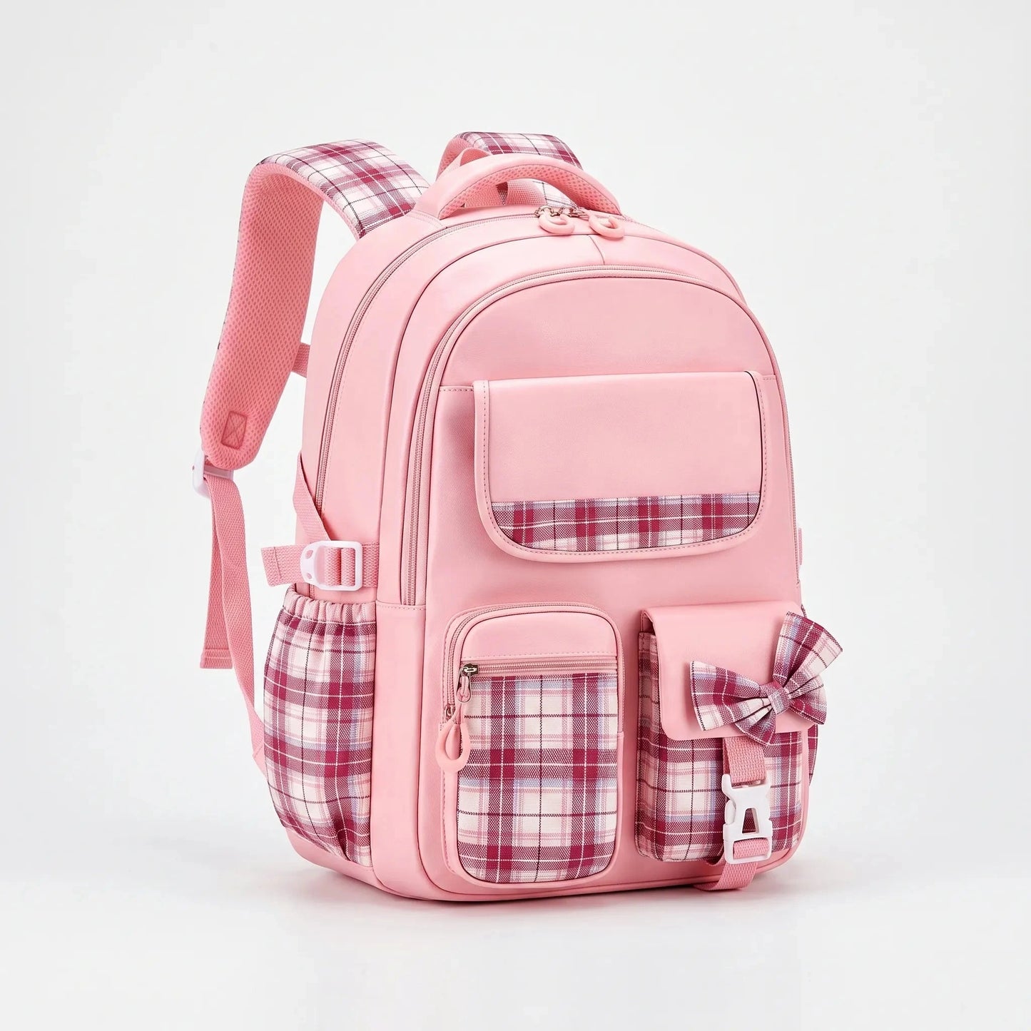 View of a stylish checkered school backpack featuring padded shoulder straps and a spacious compartment