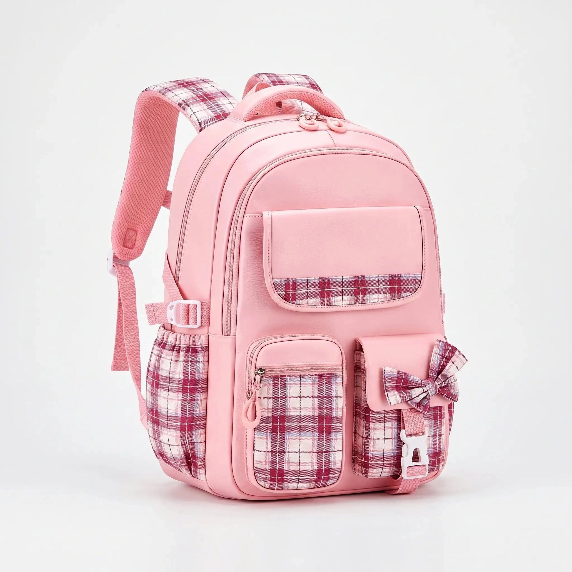 View of a stylish checkered school backpack featuring padded shoulder straps and a spacious compartment