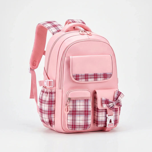 View of a stylish checkered school backpack featuring padded shoulder straps and a spacious compartment