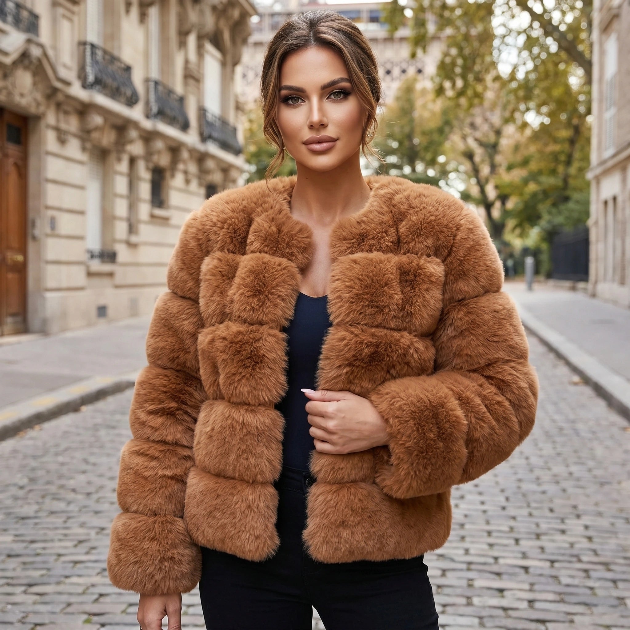 Close up view of the Womens Fluffy Autumn Coat showing its soft fabric texture, stitching, and design details ideal for a statement look.