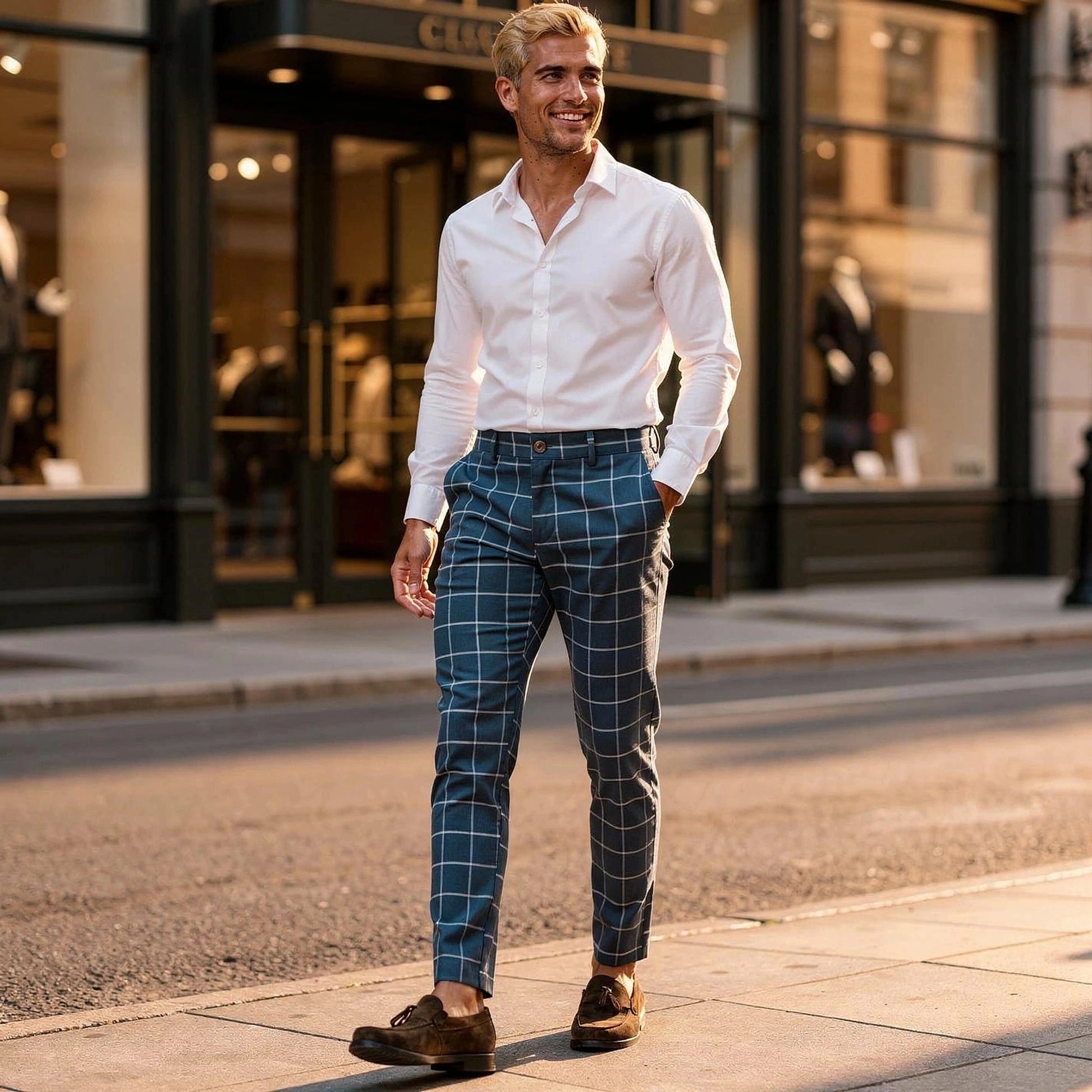 View of tailored tapered trousers in charcoal gray fabric, featuring a sleek waistband and subtle crease lines