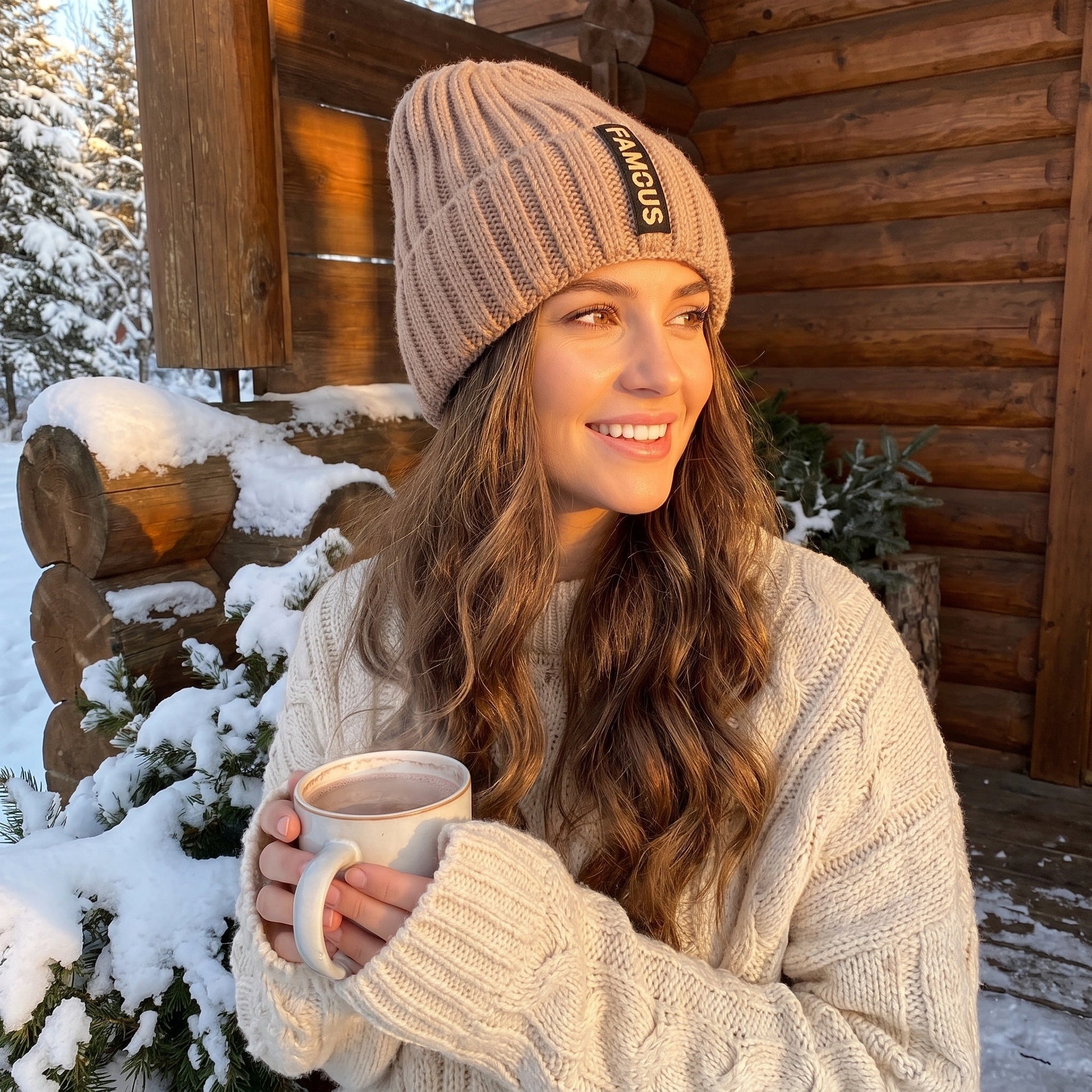 Close up view of the Womens Cozy Knitted Winter Beanie showing intricate stitching and soft fabric texture, perfect for cold weather outfits.