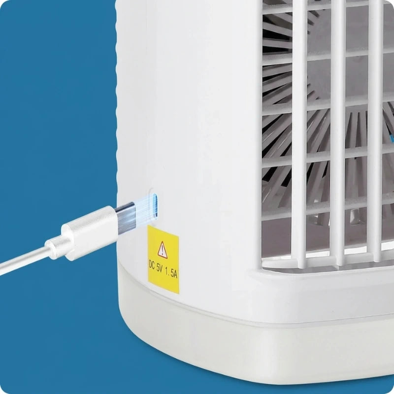Of the mini air cooler's control panel, showcasing buttons for temperature adjustment and the LED night light feature