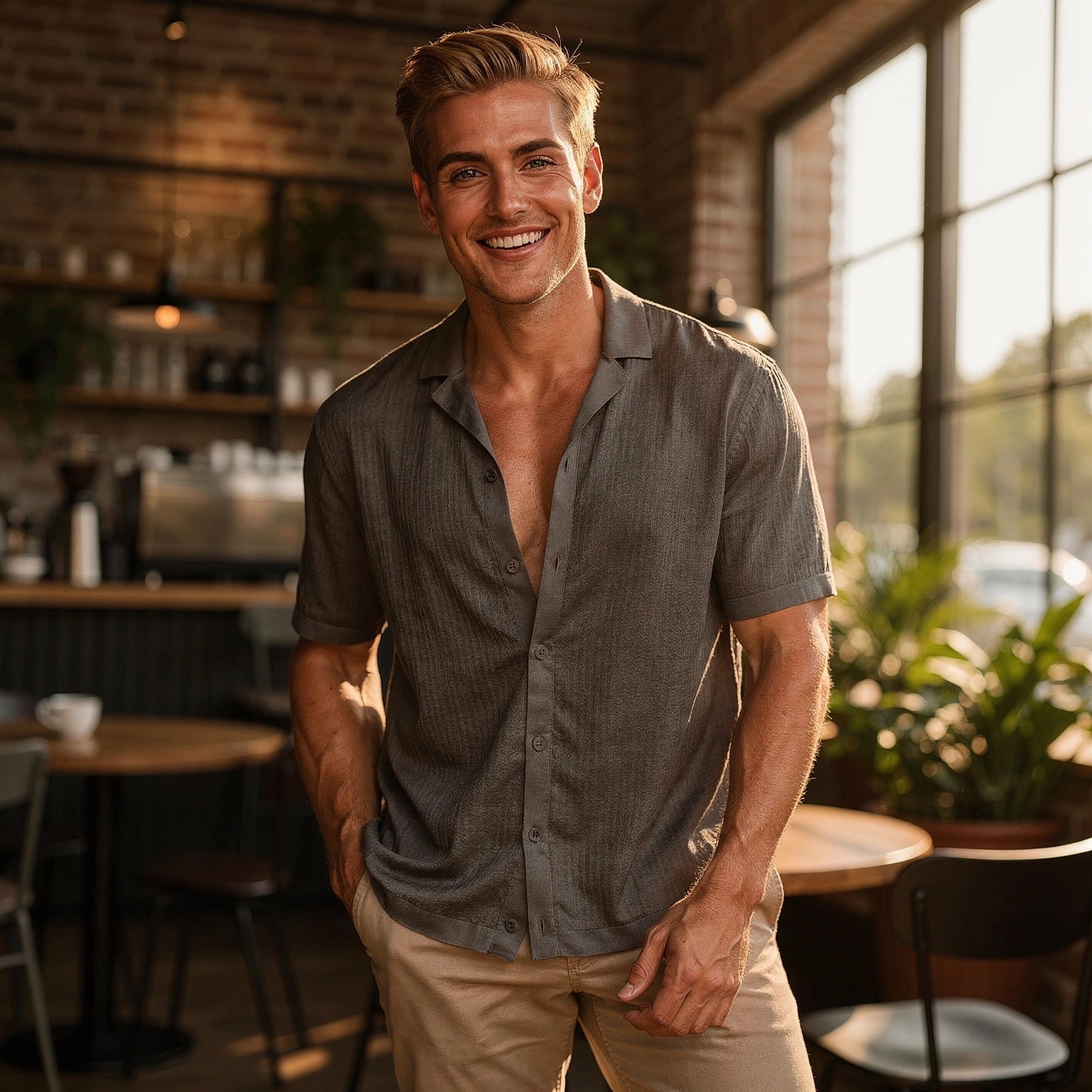 Light blue casual short sleeve button shirt made of soft cotton, featuring a relaxed fit and subtle texture, view