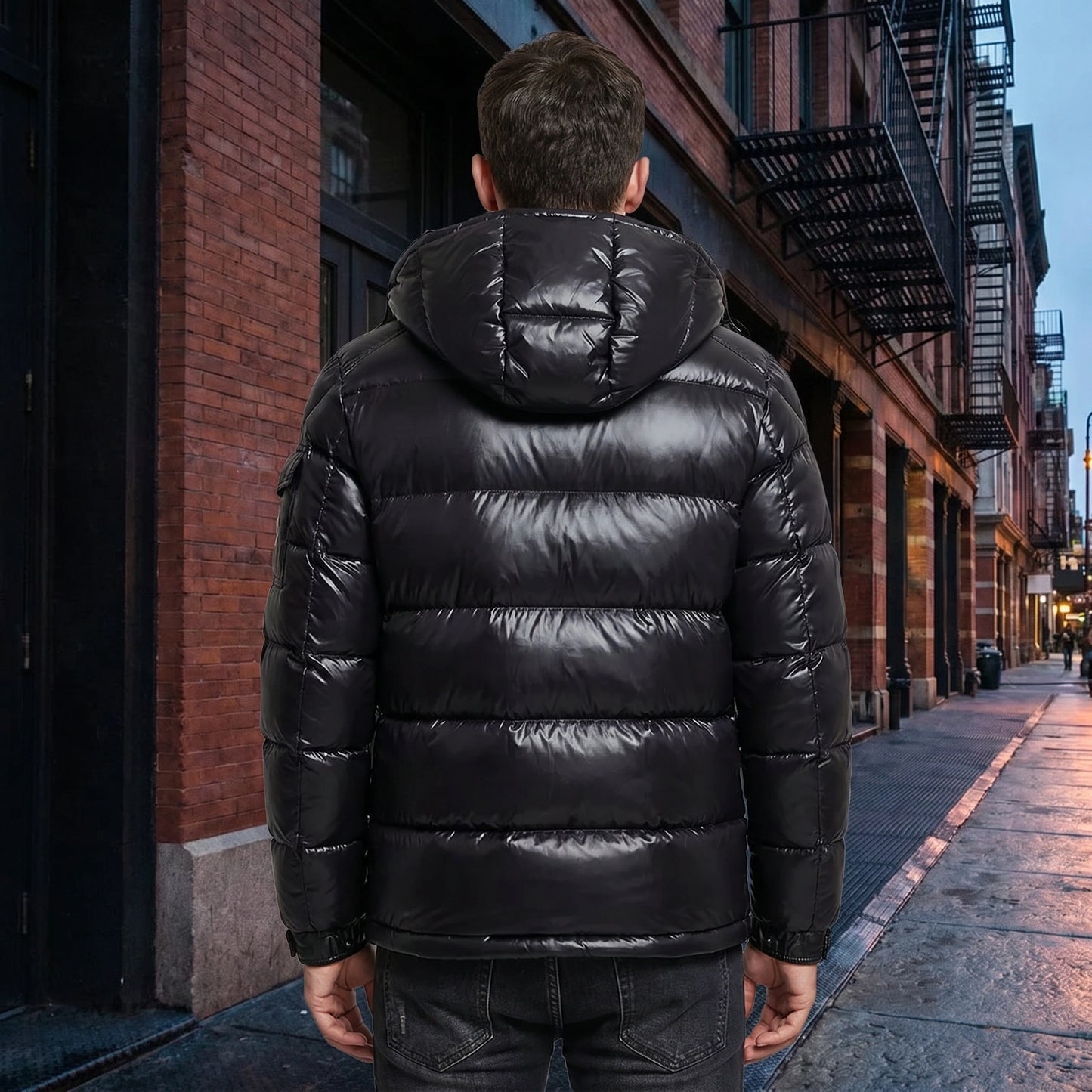 Close up view of the mens warm winter puffer jacket showing the high quality fabric and intricate stitching details against a neutral background.