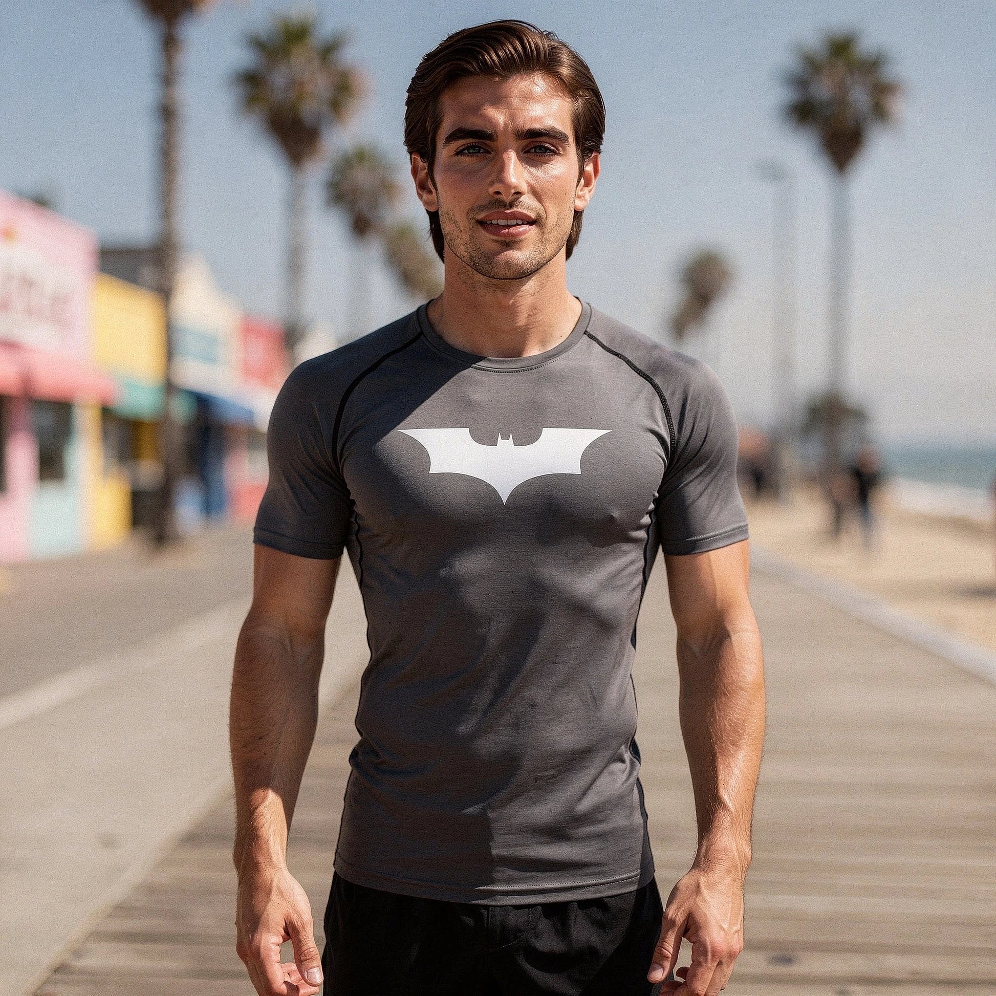 View of a black athletic compression running tee, featuring short sleeves and a fitted design