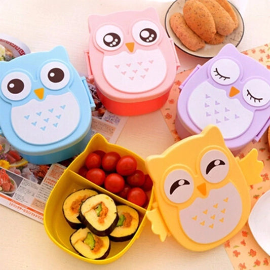 View of a playful, sturdy plastic lunch box for kids, featuring vibrant colors and a fun owl design