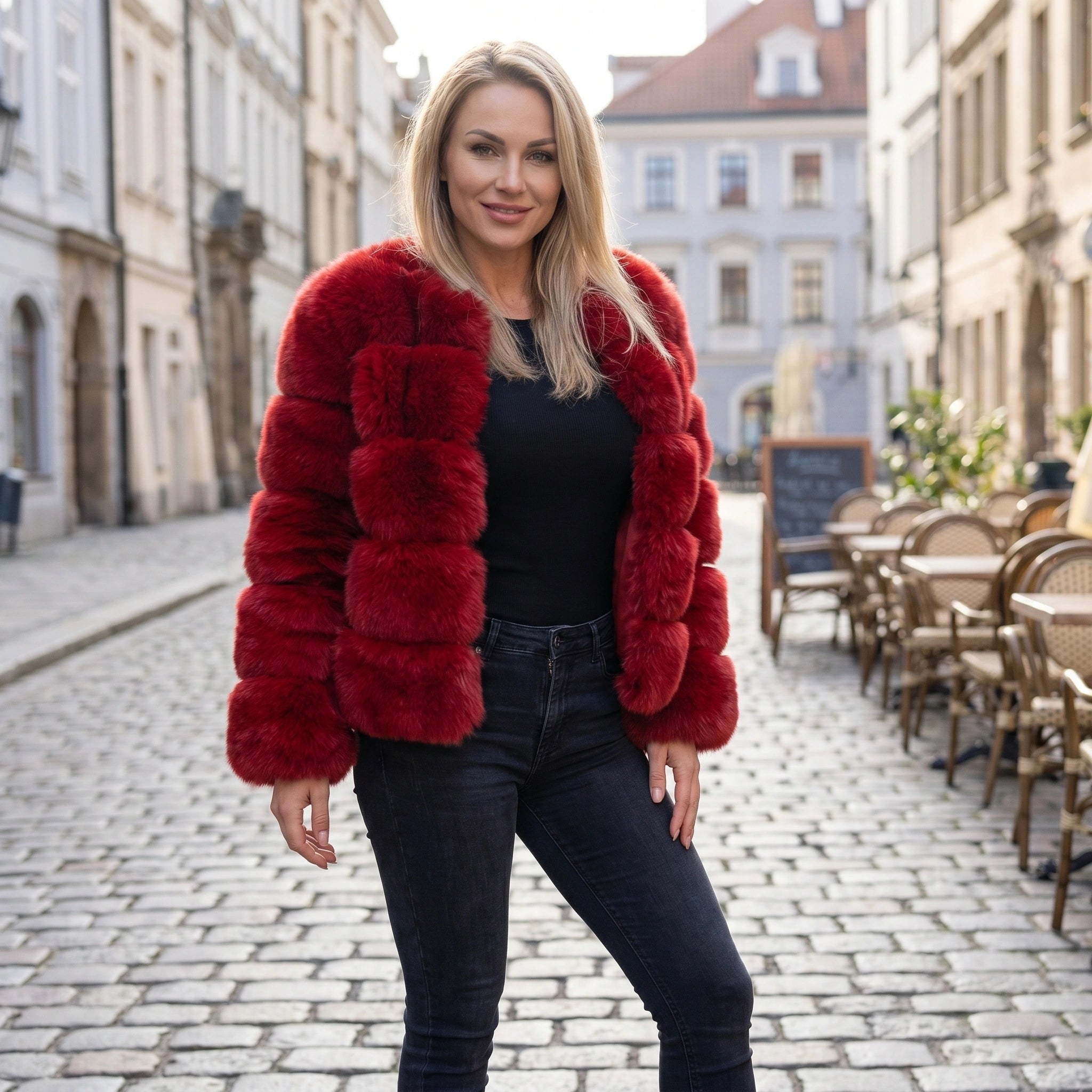 A model showcases the Womens Fluffy Autumn Coat in a soft beige color, styled with high waisted jeans against a neutral background.