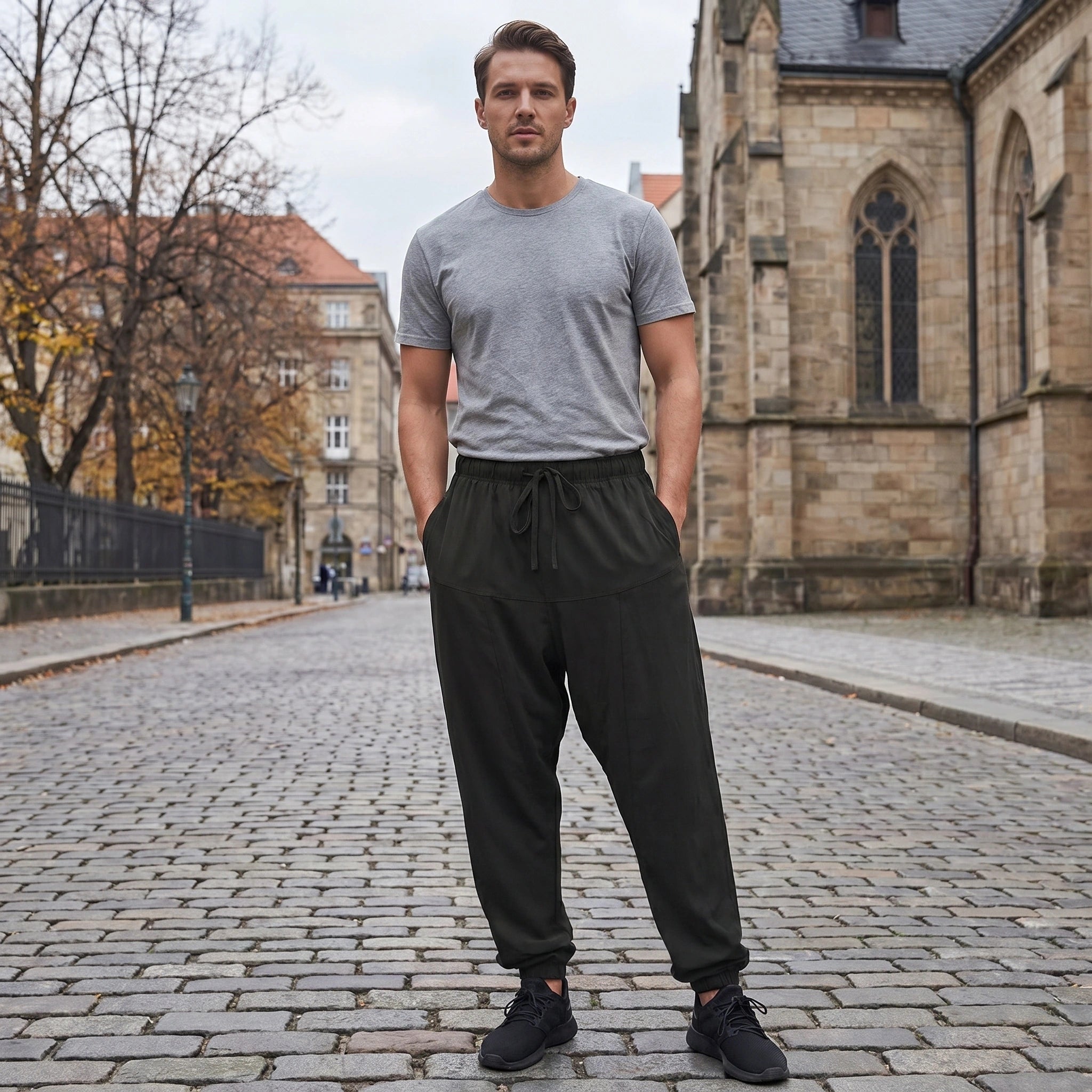Close up of the men's cozy lightweight breathable linen joggers showing the soft fabric texture, precise stitching, and design elements against a neutral background.