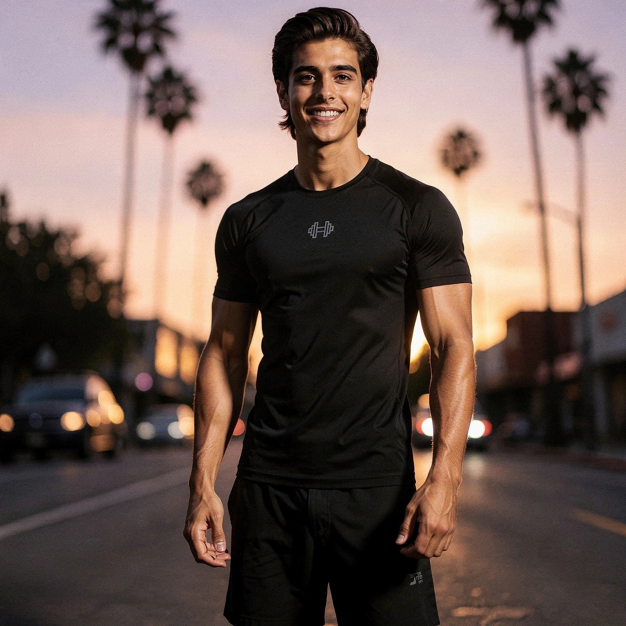 View of a reflective elastic athletic gym tee in gray, featuring short sleeves and a comfortable fit
