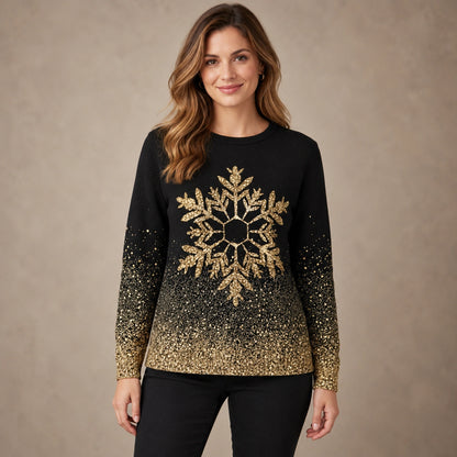 christmas sweater — Women's Gold Snowflake Sweater — Rebecca — Black and — complete front view, image