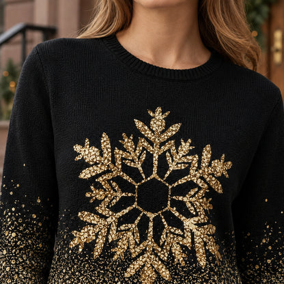 christmas sweater — Women's Gold Snowflake Sweater — Rebecca — Black and — close up of the ribbed crew neckline — view 10