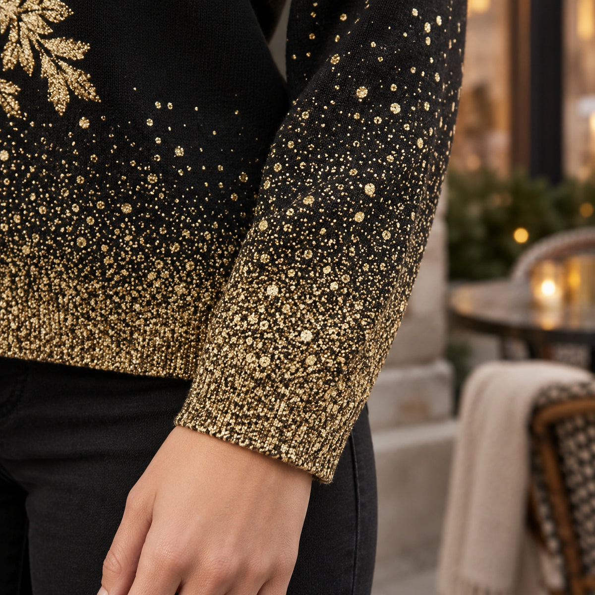 christmas sweater — Women's Gold Snowflake Sweater — Rebecca — Black and — close up of the speckled sleeve end cuff — view 11