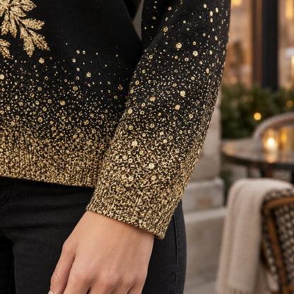 christmas sweater — Women's Gold Snowflake Sweater — Rebecca — Black and — close up of the speckled sleeve end cuff — view 11