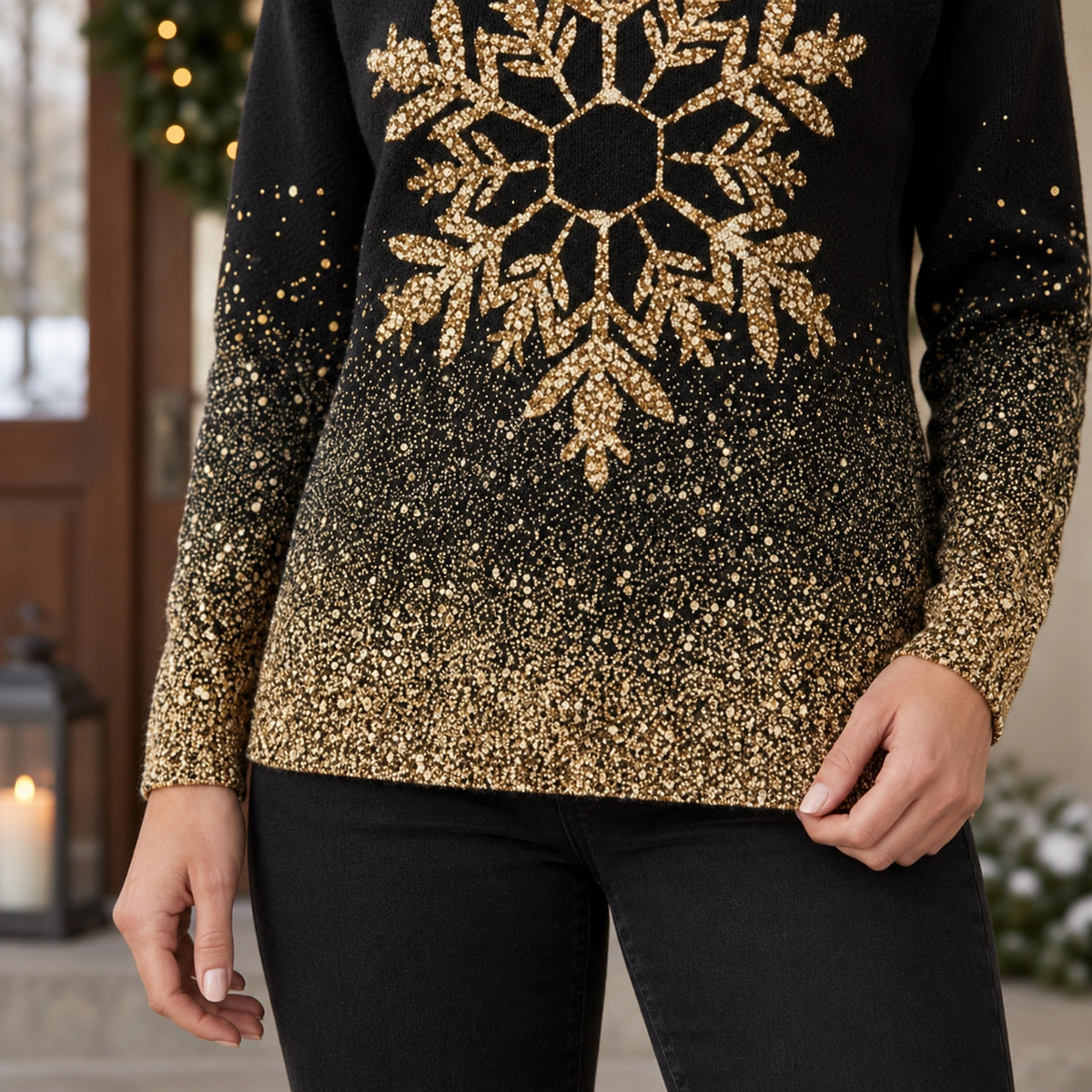christmas sweater — Women's Gold Snowflake Sweater — Rebecca — Black and — close up of the dense speckle gradient — view 12