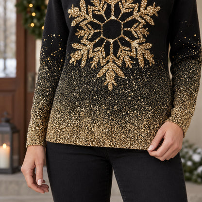 christmas sweater — Women's Gold Snowflake Sweater — Rebecca — Black and — close up of the dense speckle gradient — view 12