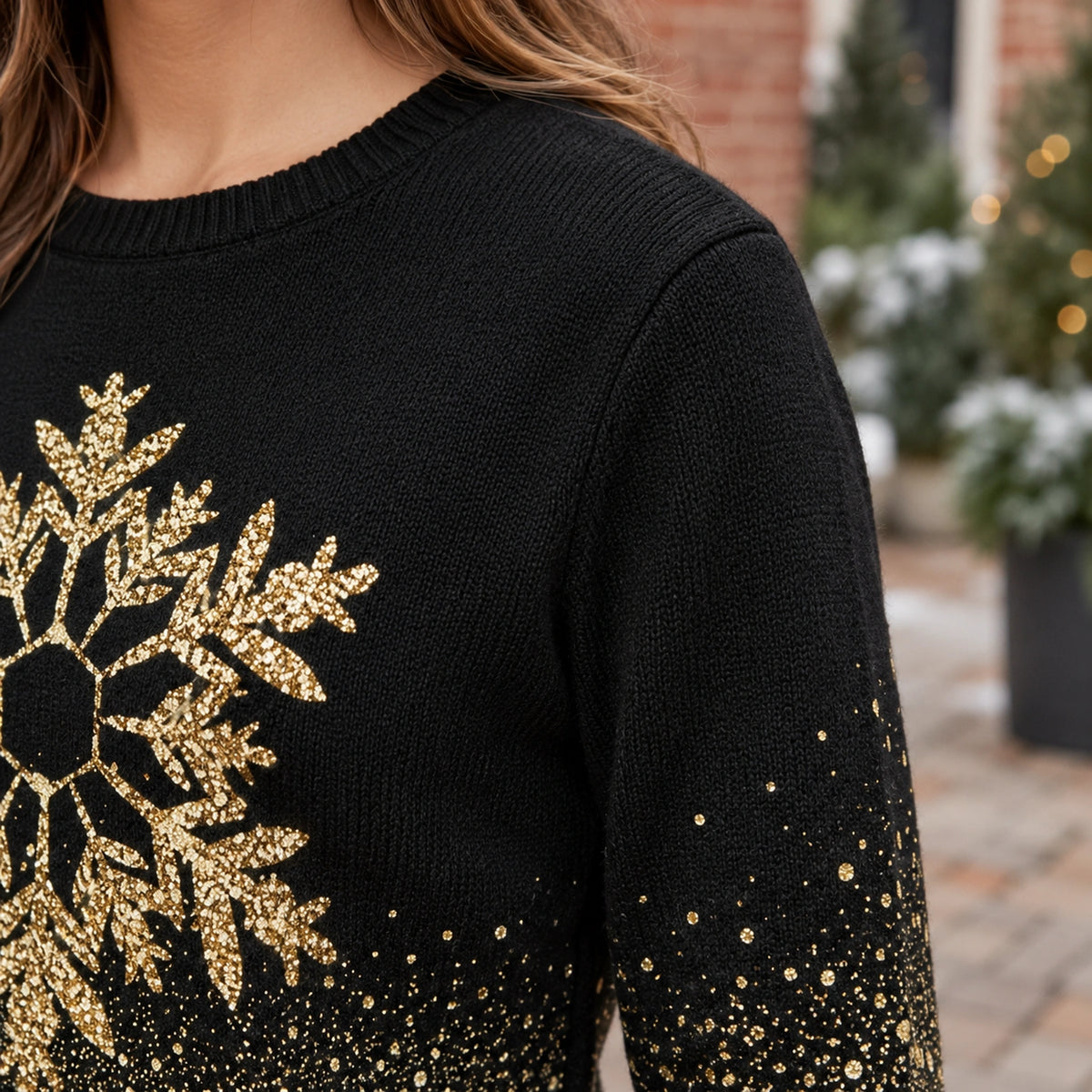 christmas sweater — Women's Gold Snowflake Sweater — Rebecca — Black and — close up of the knit at shoulder sleeve — view 13