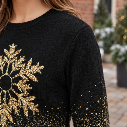 christmas sweater — Women's Gold Snowflake Sweater — Rebecca — Black and — close up of the knit at shoulder sleeve — view 13