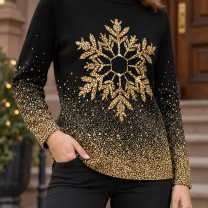 christmas sweater — Women's Gold Snowflake Sweater — Rebecca — Black and — close up of the transition from sparse — view 14