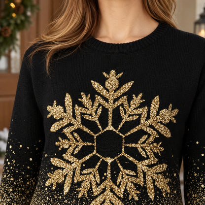 christmas sweater — Women's Gold Snowflake Sweater — Rebecca — Black and — close up of the upper branches exact — view 8