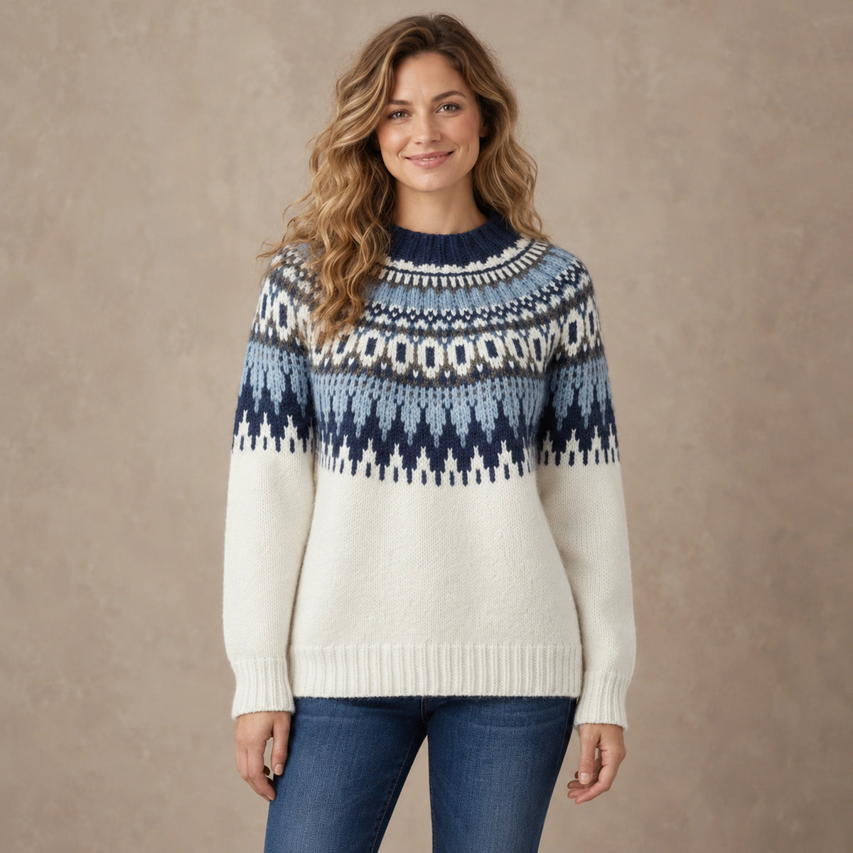 christmas sweater — Women's Nordic Pattern Knit Sweater — Paula — Cream and Blue — complete front view, image