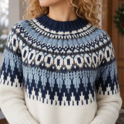 christmas sweater — Women's Nordic Pattern Knit Sweater — Paula — Cream and Blue — close up of the yoke showing — view 11