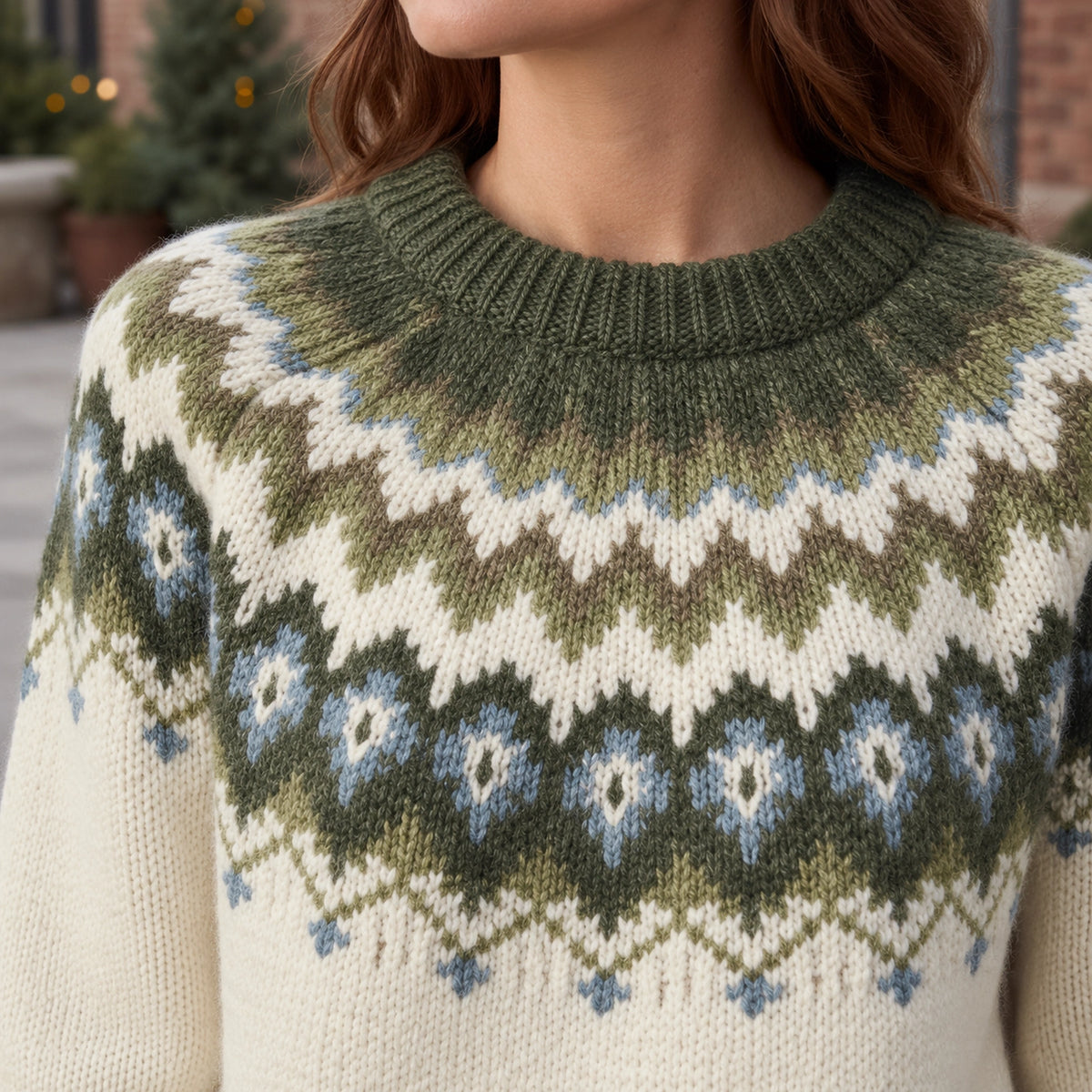 christmas sweater — Women's Nordic Pattern Knit Sweater — Paula — Cream and Olive — close up of the rib neckline — view 12