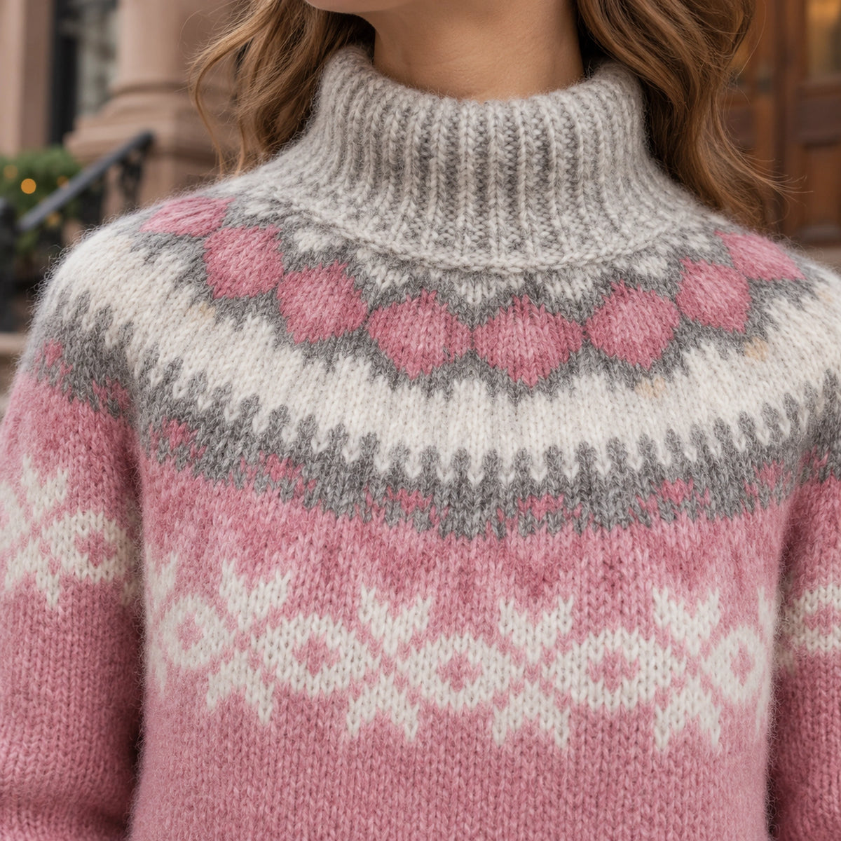 christmas sweater — Women's Nordic Pattern Knit Sweater — Paula — Pink — close up of the gray and white yoke — view 13
