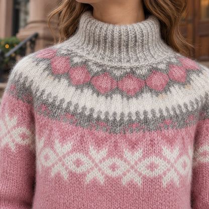 christmas sweater — Women's Nordic Pattern Knit Sweater — Paula — Pink — close up of the gray and white yoke — view 13