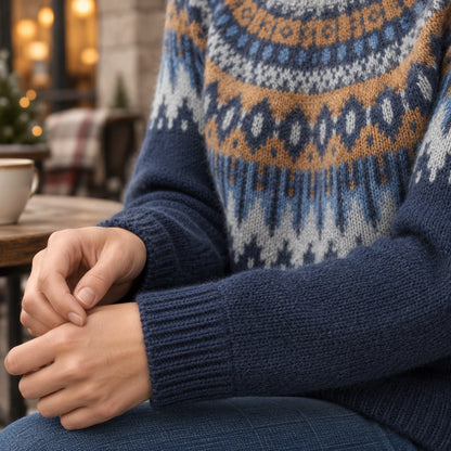 christmas sweater — Women's Nordic Pattern Knit Sweater — Paula — Navy — close up of the ribbed sleeve cuff and — view 14