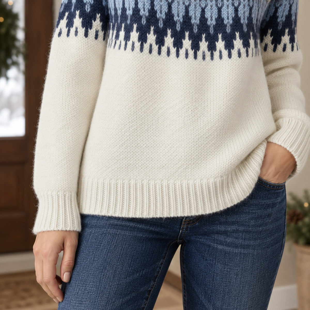 christmas sweater — Women's Nordic Pattern Knit Sweater — Paula — Cream and Blue — close up of the lower body rib — view 15