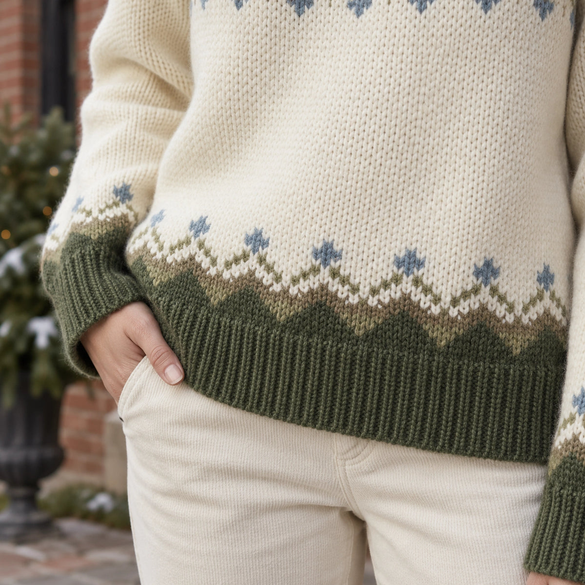 christmas sweater — Women's Nordic Pattern Knit Sweater — Paula — Cream and Olive — close up of the patterned lower — view 16
