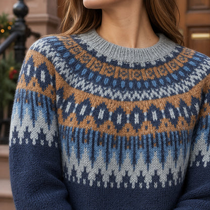 christmas sweater — Women's Nordic Pattern Knit Sweater — Paula — Navy — close up of the ochre blue and gray yoke — view 17