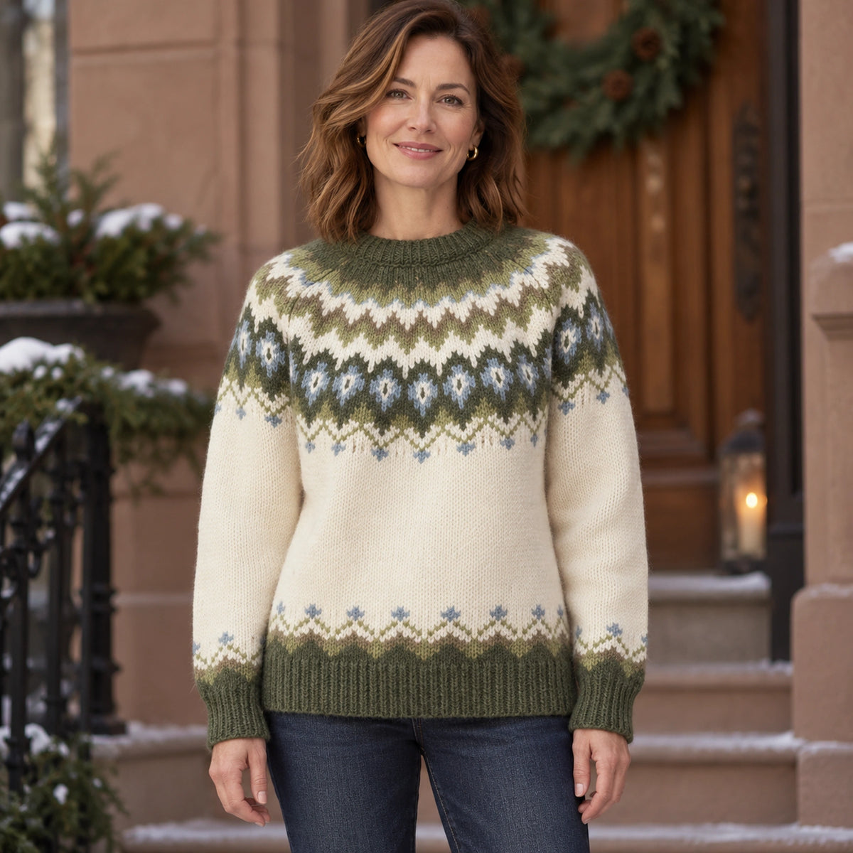 christmas sweater — Women's Nordic Pattern Knit Sweater — Paula — Cream and Olive — complete front view, product — view 2