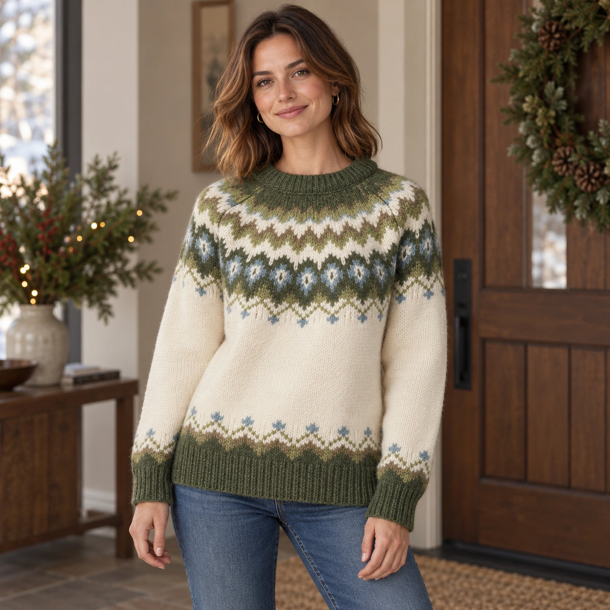 christmas sweater — Women's Nordic Pattern Knit Sweater — Paula — Cream and Olive — complete garment from a shallow — view 6